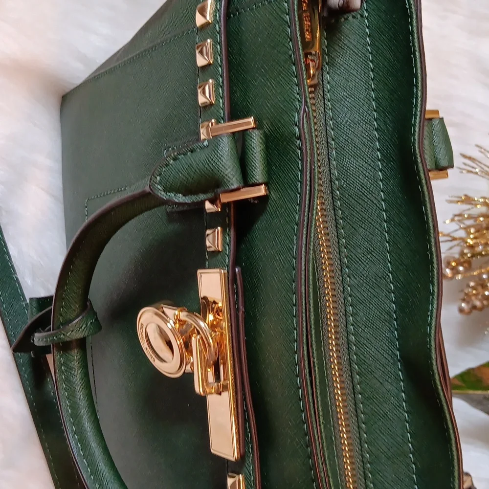 Michael Kors Hunter Green Traveler Studded Satchel Tote Bag - Picture 10 of 11